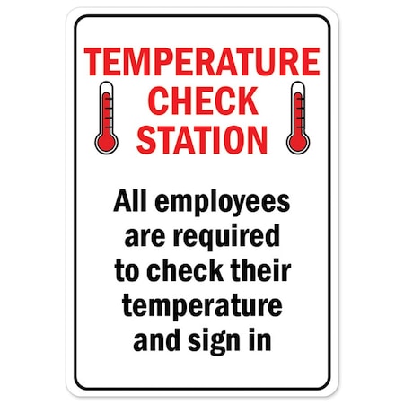 Public Safety Sign, Temperature Check Station, 10in X 7in Peel And Stick Wall Graphic